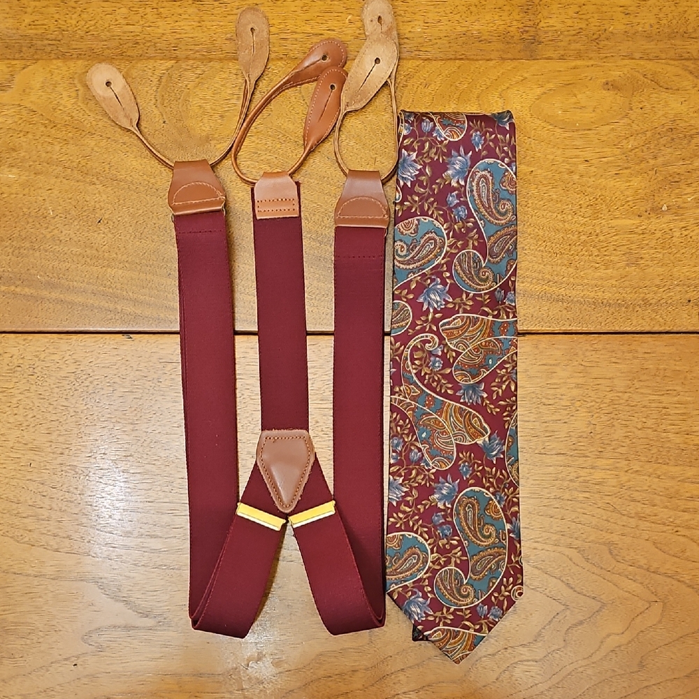 Vintage Burgundy Suspenders with Coordinating Paisley Tie